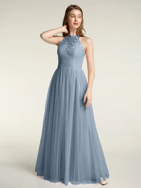Lace Bodice and Tulle Skirt Long Dresses-Dusty Blue Tunics Fleece cozy