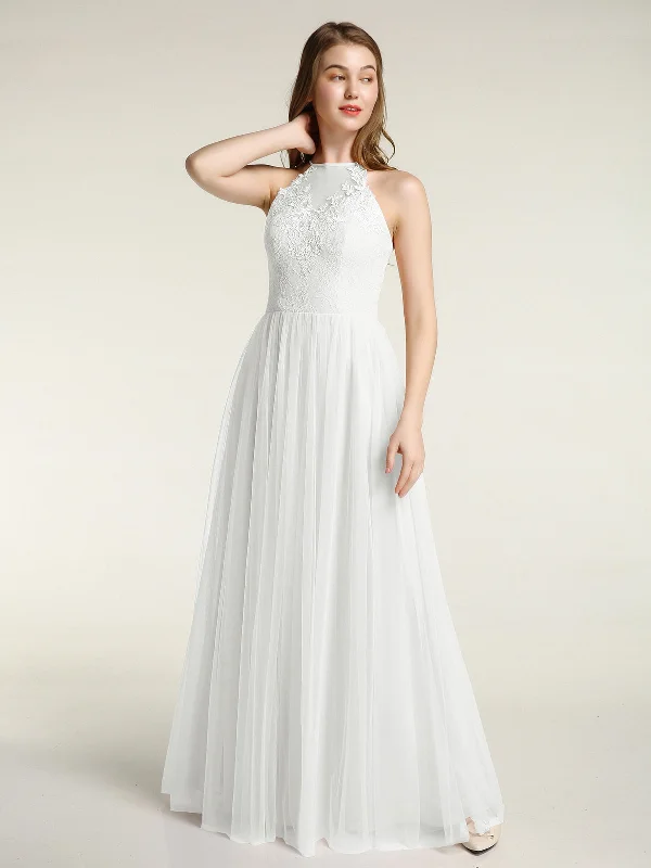 Lace Bodice and Tulle Skirt Long Dresses-Ivory Boat Neckline Classic