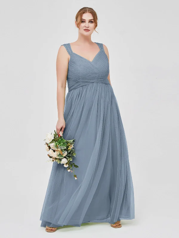 Cross-Pleated Tulle Long Dresses with Beaded Straps Dusty Blue Plus Size Casual Short Summer