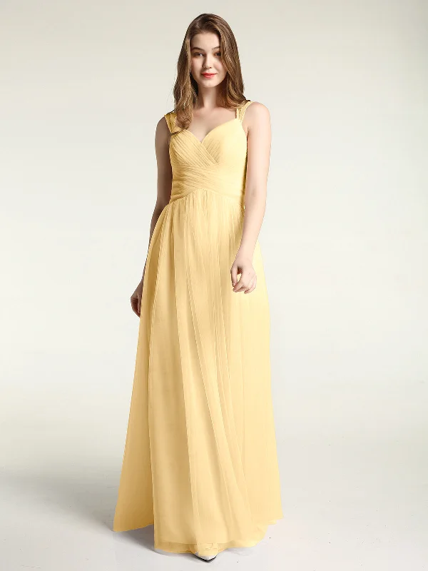 Cross-Pleated Tulle Long Dresses with Beaded Straps Gold empire Waist empire