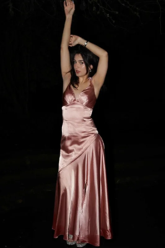 Blush Pink Silk Sheath Long Dress with Slit Tunics Stylish modern