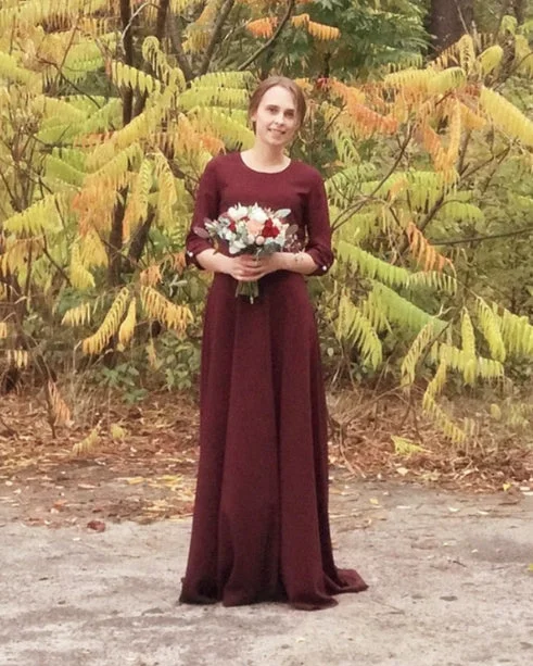 Burgundy Bridesmaid Dresses 3/4 Sleeves Long Dress With Sweep Train Tunics Denim casual Burgundy Bridesmaid Dresses 3/4 Sleeves Long Dress With Sweep Train Tunics Denim casual