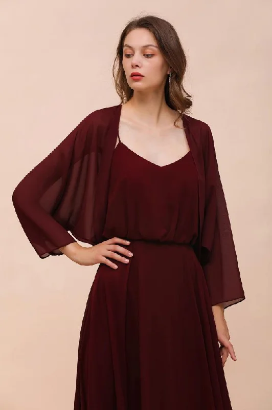 Burgundy Bridesmaid Dresses Spaghetti Straps Chiffon Floor Length Wedding Guest Dress with Back Cape Wraps A-Line Day Work Burgundy Bridesmaid Dresses Spaghetti Straps Chiffon Floor Length Wedding Guest Dress with Back Cape Wraps A-Line Day Work