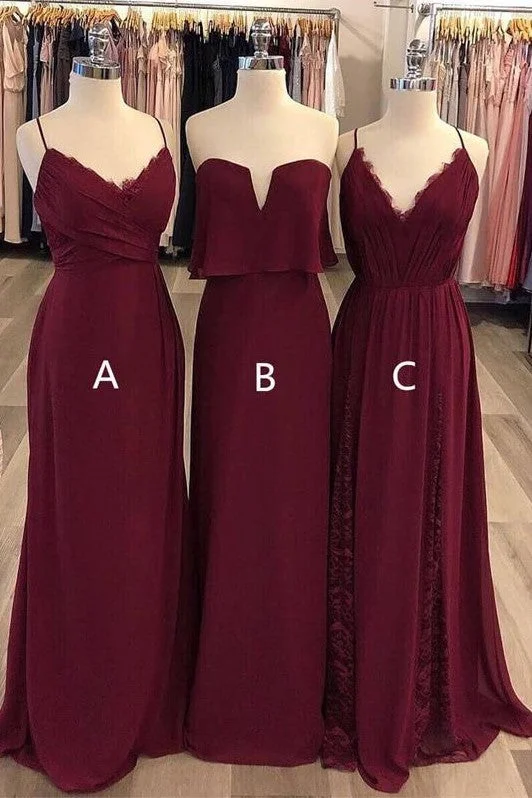 Burgundy Chiffon Mismatched Bridesmaid Long Dresses for Wedding Party Tunics Solid Classic Burgundy Chiffon Mismatched Bridesmaid Long Dresses for Wedding Party Tunics Solid Classic