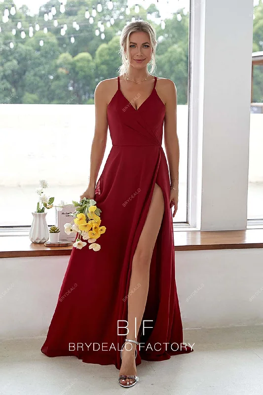 Burgundy Chiffon V-Neck Halter Slit Long Dress Tunics Custom made