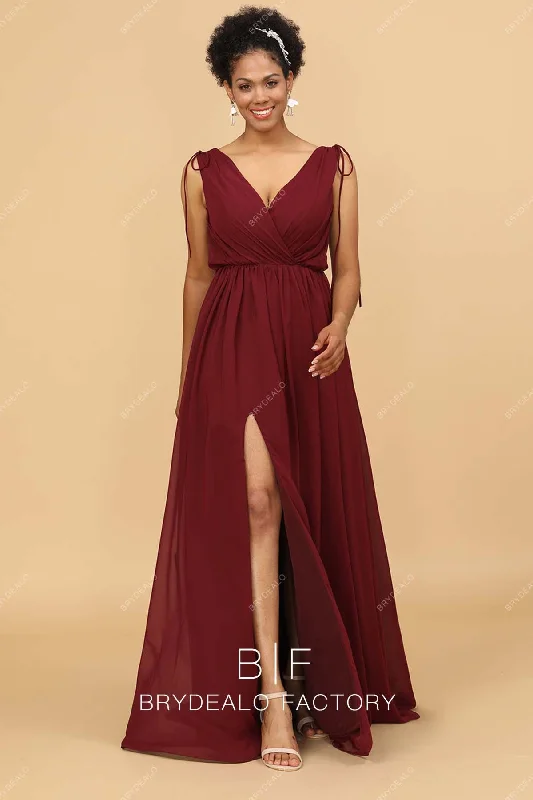 Burgundy Sleeveless Ruched V-Neck Modern Long Dress Tunics Recommended stylist