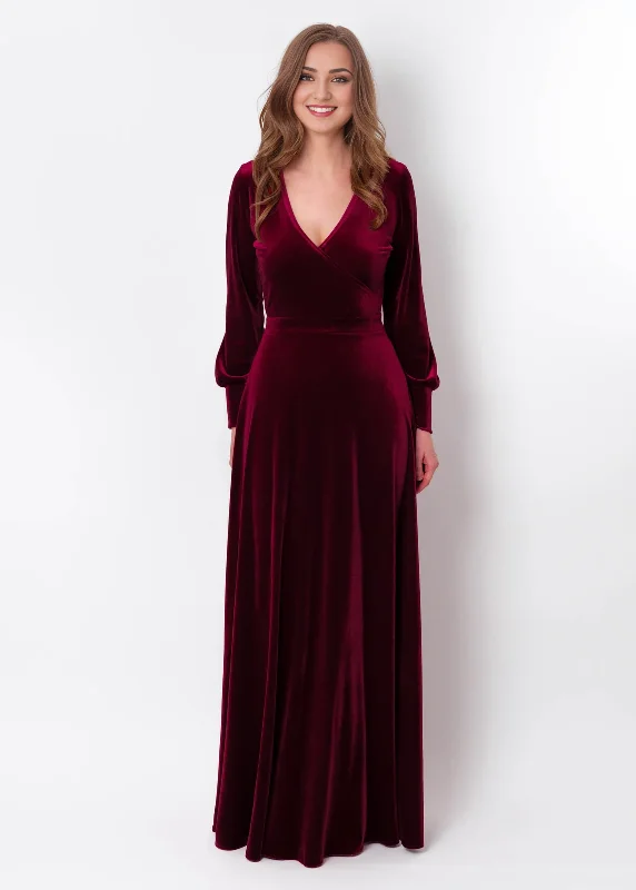 Burgundy Winter Velvet Long Dress Long Sleeves Bridesmaid Dress Wedding Guest Dress Tunics Top rated