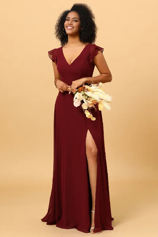 Chiffon Burgundy Long Dress Bridesmaid Dress with Slit Square Neckline Feminine