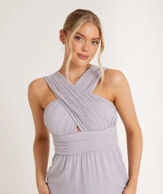 Cross Neck Pleated Waist Chiffon Bridesmaid Dress - Dusty Lilac Tunics Gym athletic