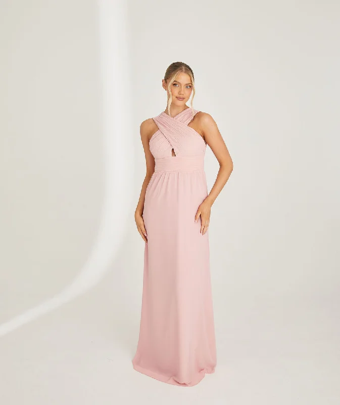 Cross Neck Pleated Waist Chiffon Bridesmaid Dress - Peony Pink Tunics Yoga stretchy