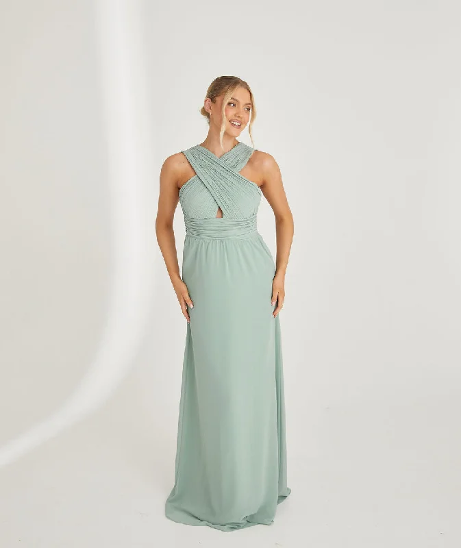 Cross Neck Pleated Waist Chiffon Bridesmaid Dress - Sage Tunics Canvas sturdy