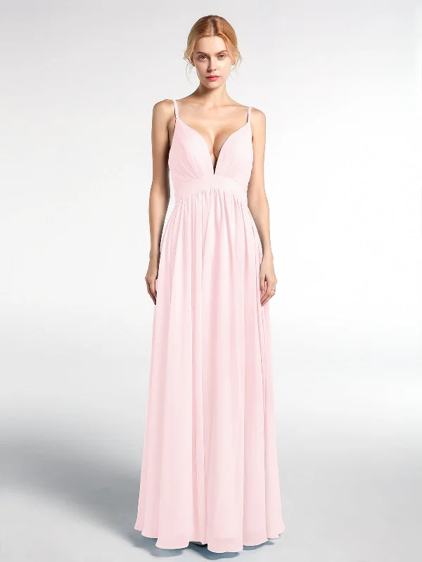 Deep V-neck Empire Waist Chiffon Long Dress-Blushing Pink Tunics Luxurious premium