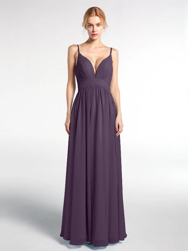 Deep V-neck Empire Waist Chiffon Long Dress-Plum Tunics Luxurious high-end