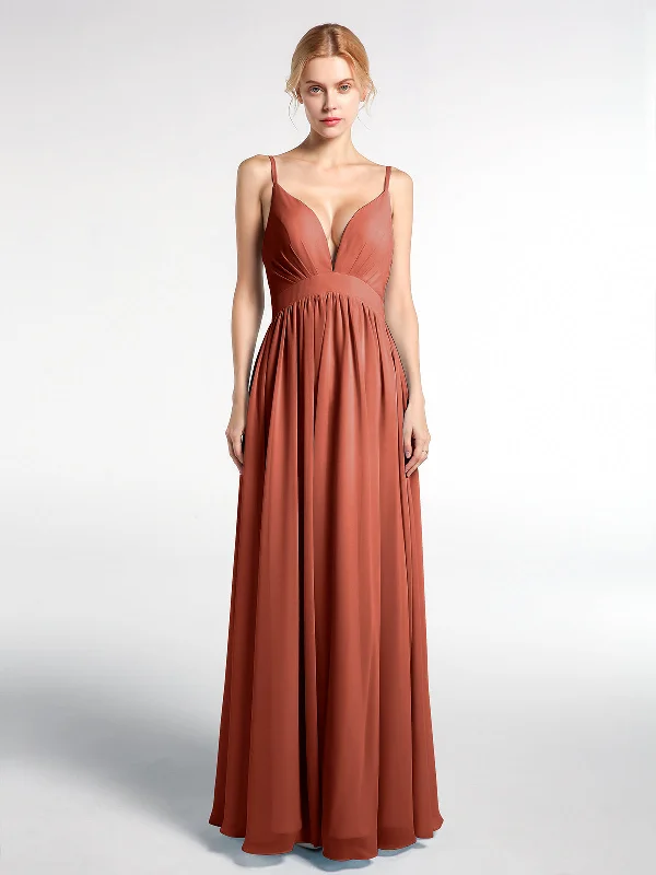 Deep V-neck Empire Waist Chiffon Long Dress-Rust Tunics Luxurious high-end