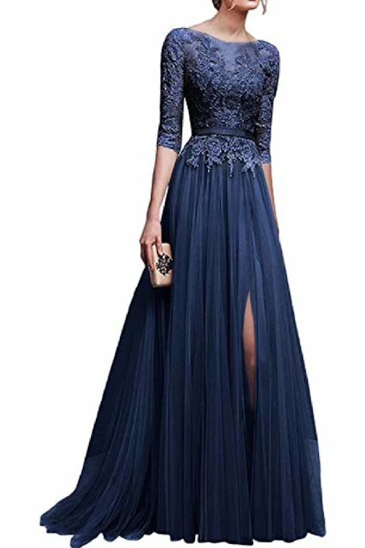 Elegant Lace Floor Length 3/4 Sleeve Tulle Waistband Evening Ball Gowns Long Dress Tunics Trendy modern Elegant Lace Floor Length 3/4 Sleeve Tulle Waistband Evening Ball Gowns Long Dress Tunics Trendy modern