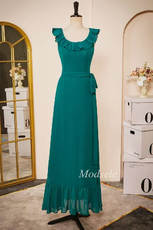 Emerald Chiffon Sleeveless Ruffle Long Dress with Belt Tunics Fall fleece