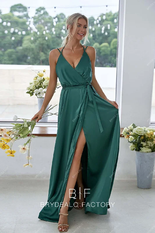 Green Charmeuse Boho Thin Straps Slit Wrap Long Dress Tunics Spring floral
