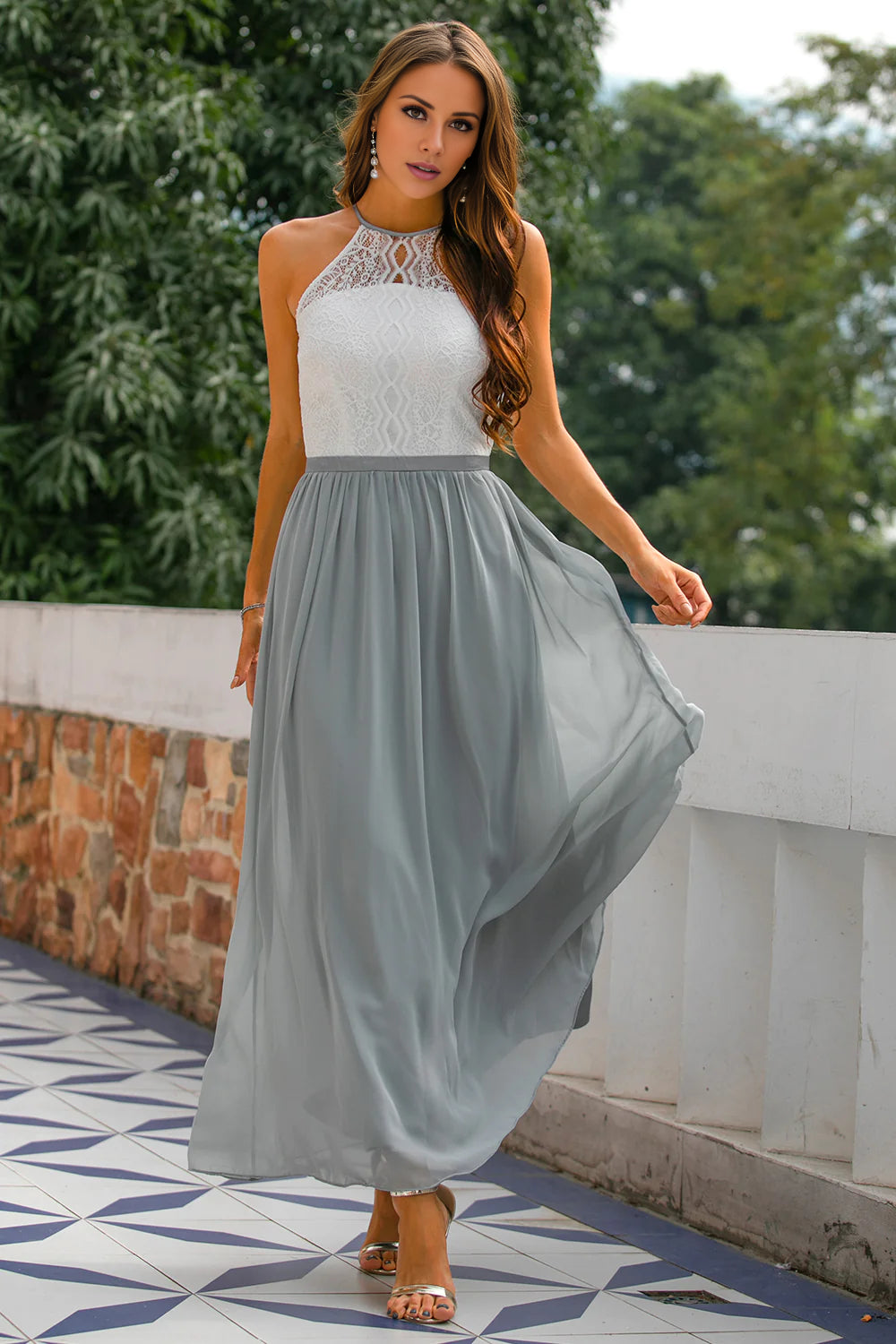Grey Open Back Halter Lace Long Dress Bridesmaid Dress Tunics Versatile stylish
