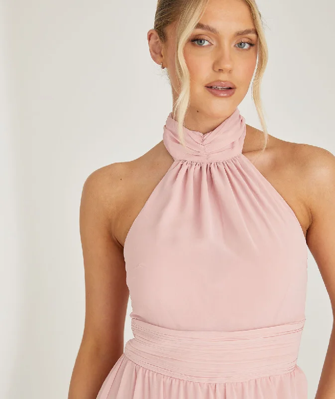 Halter Neck Pleated Waist Chiffon Bridesmaid Dress - Peony Pink Tunics Leisure comfortable Halter Neck Pleated Waist Chiffon Bridesmaid Dress - Peony Pink Tunics Leisure comfortable