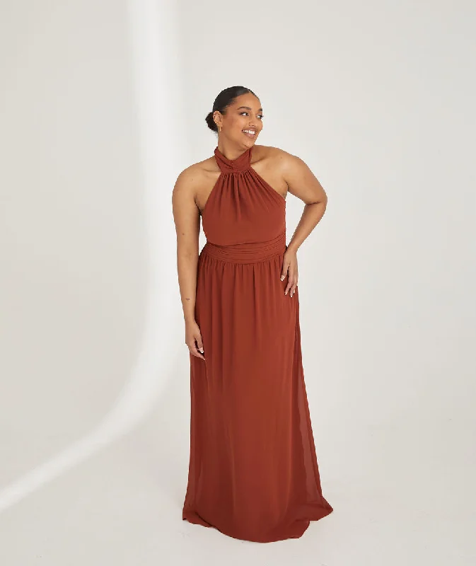 Halter Neck Pleated Waist Chiffon Bridesmaid Dress - Rust Tunics Distressed trendy
