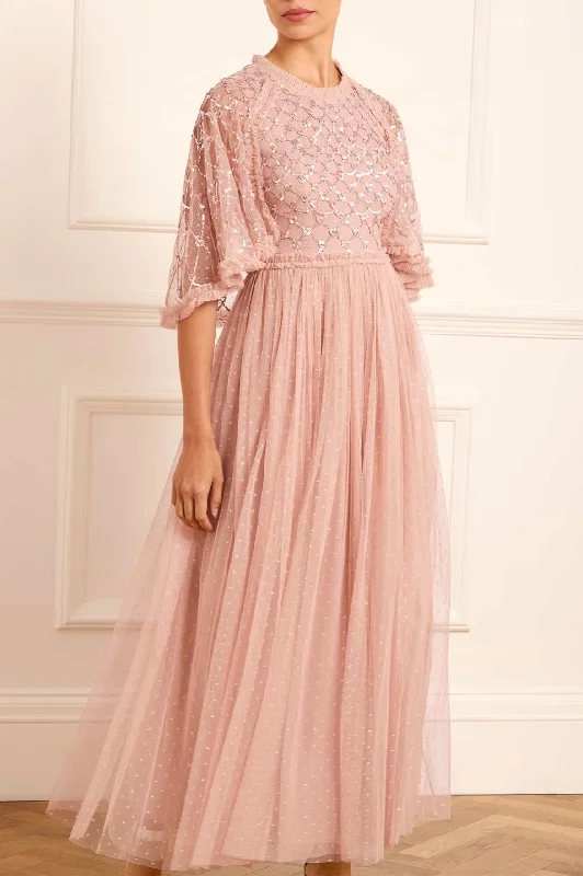 Heart Lattice Bodice Cape Ankle Gown Bodycon Club Sequined
