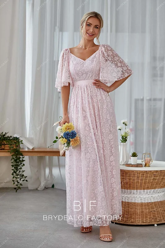 Heavenly Pink Lace Flutter Sleeves Elegant Long Dress Tunics Ceremony elegant