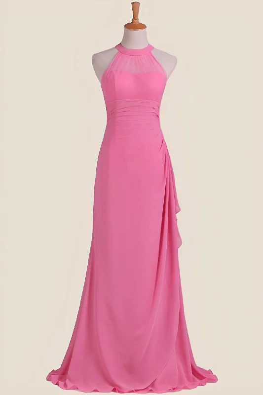 Hot Pink Halter Chiffon Draped Long Dress Tunics Business professional