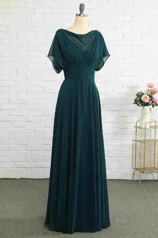 Hunter Green Chiffon Bateau Banded Waist Bridesmaid Dress Tunics Fashionable trendy