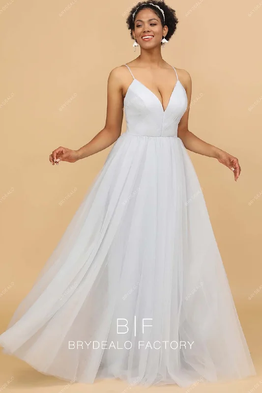 Ice Blue Ruched V-neck Elegant Tulle Long Dress Tunics Top rated