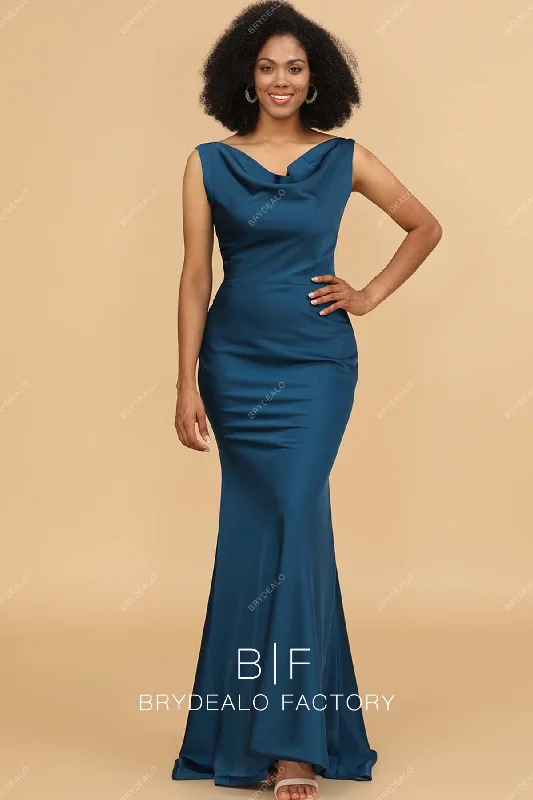 Elegant Ink Blue Satin Cowl Neck Mermaid Long Dress Tunics Trendy modern