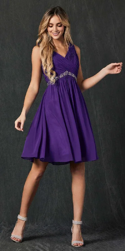 Juliet 786 Ruched V-Neck Cocktail Dress Embellished Waist Boat Neckline Classic