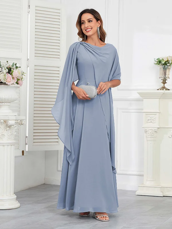Kennedi Modest A-Line Scoop Cape Sleeves Long Chiffon Mother of the Bride & Groom Dresses Tunics Evening elegant
