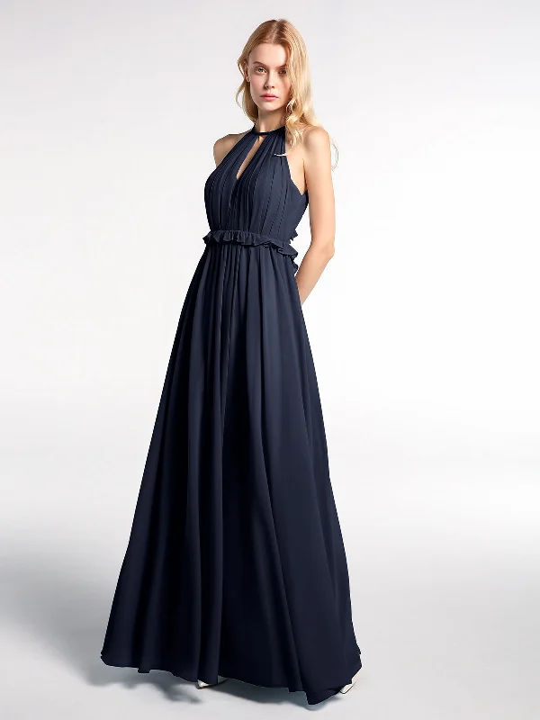 Keyhole Neckline Open Back Chiffon Max Long Dress Dark Navy Floral Print girly
