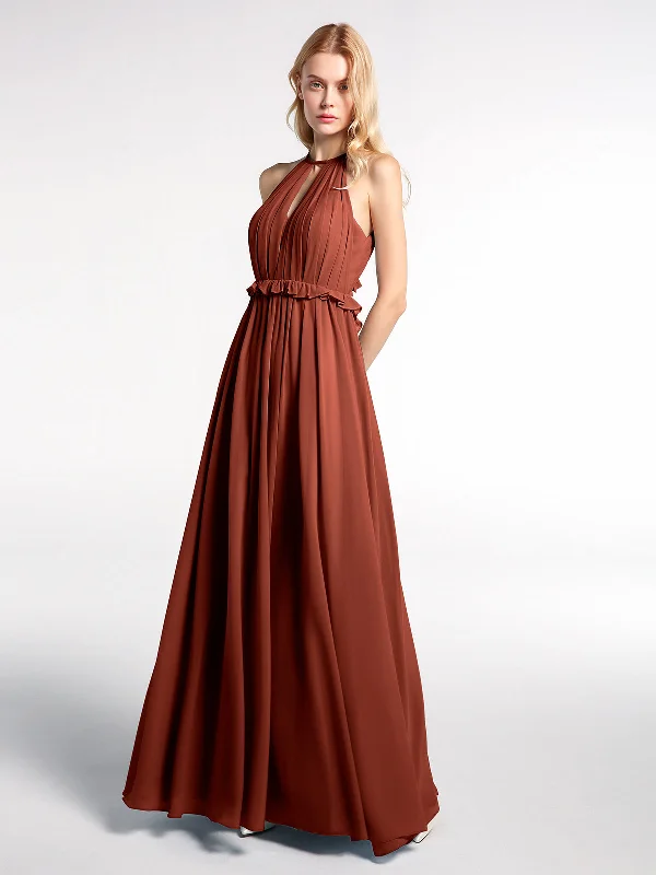 Keyhole Neckline Open Back Chiffon Max Long Dress Rust Tunics Cozy comfortable