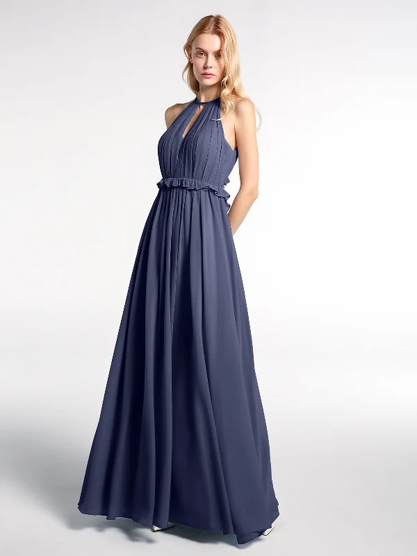 Keyhole Neckline Open Back Chiffon Max Long Dress Stormy Square Neckline Feminine