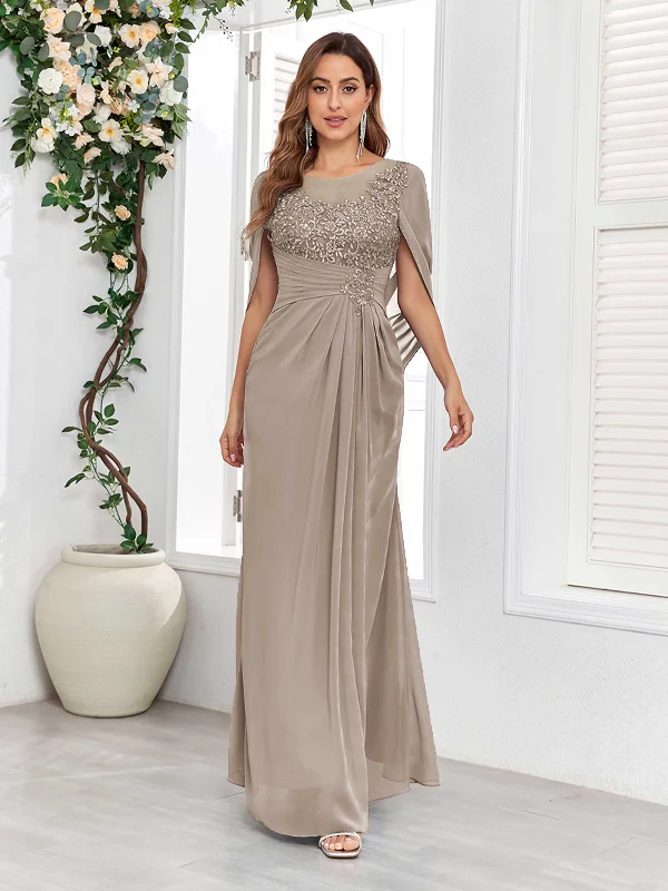 Kora Enchanting Ruched Cape Lace Appliques Long Chiffon Mother Of The Bride Dresses Tunics Office stylish