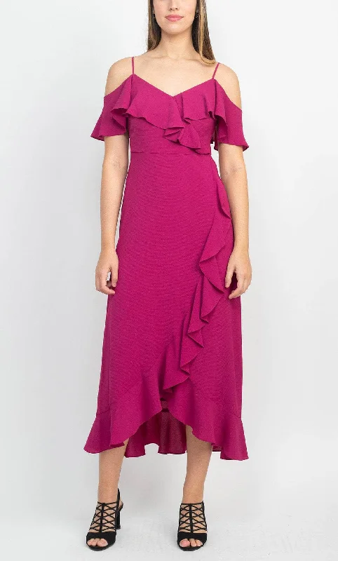 London Times T4150M - Flared Crepe Long Dress Turtleneck Neckline Stylish