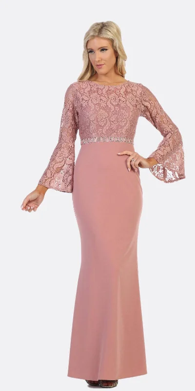 Celavie 6374 Beaded Waist Long Dress with Long Bell Sleeves Tunics Chic elegant