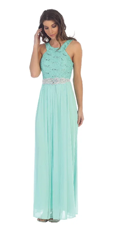 Juno 1013 Halter Long Formal Dress with Embellished Waist Tunics Lace romantic