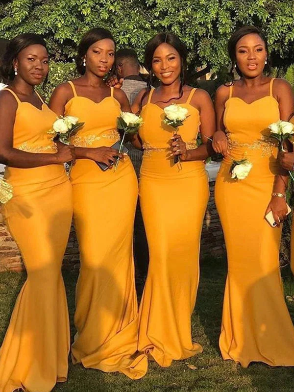 Mustard Yellow Spaghetti Strap Sweetheart Lace Waist Mermaid Long Bridesmaid Dress, BD3090 Crew Neckline Sporty Mustard Yellow Spaghetti Strap Sweetheart Lace Waist Mermaid Long Bridesmaid Dress, BD3090 Crew Neckline Sporty