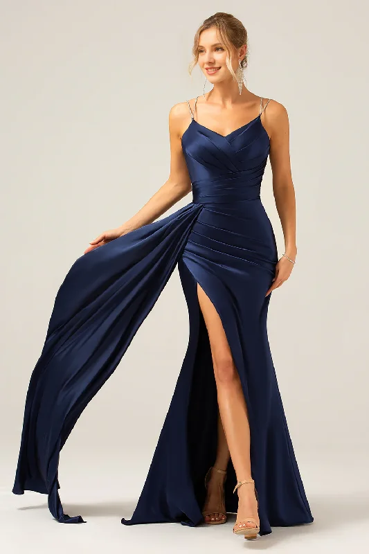 Navy blue fishtail thin shoulder strap slit pleated sequin ultra long dress Tunics Fall fleece