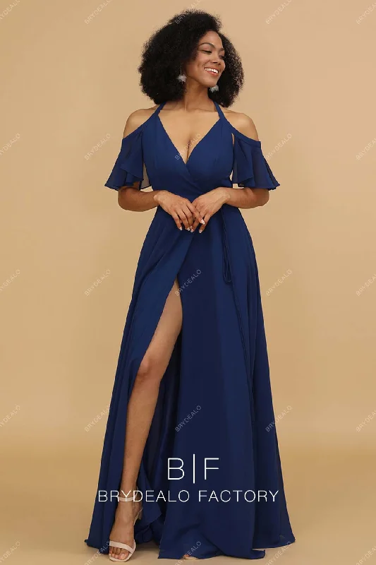 Navy Blue Chiffon Cold Shoulder V-neck Long Dress Tunics Stylish elegant