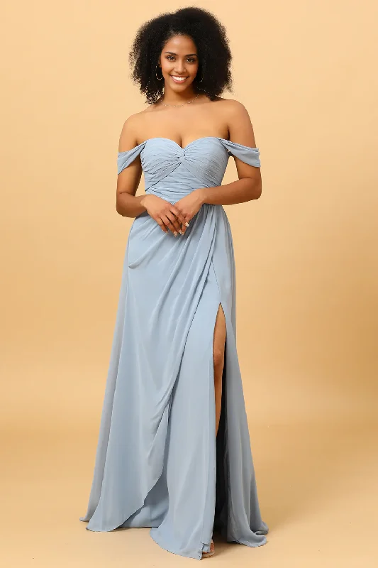 Off Shoulder Chiffon Blue Long Dress Bridesmaid Dress with Slit Tunics Print Colorful