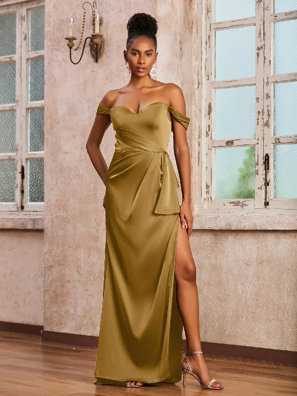 Off-the-shoulder High Slit Sheath Long Dress Gold Tunics Yoga stretchy