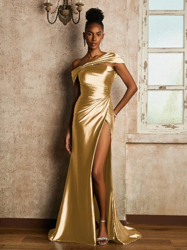 One Shoulder Long Dress with Shoulder Ruched Gold Tunics New arrival
