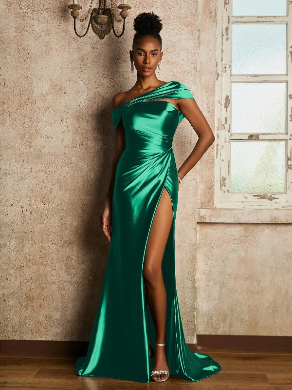 One Shoulder Long Dress with Shoulder Ruched Peacock Tunics Evening elegant