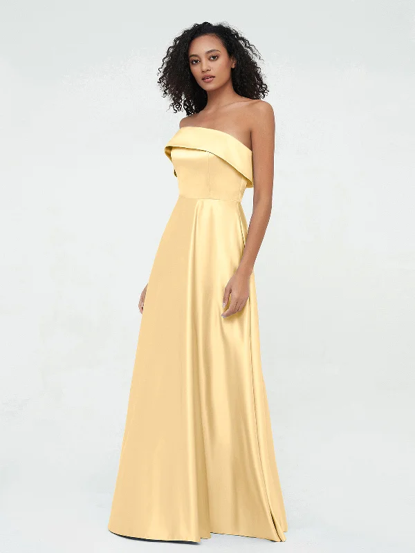 One Shoulder Satin Long Dresses with Pockets-Gold Tunics Distressed trendy