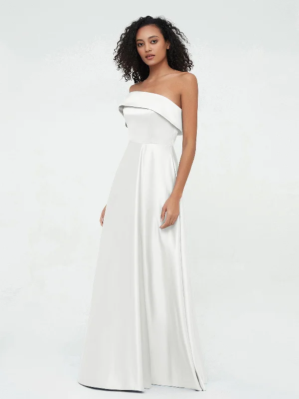 One Shoulder Satin Long Dresses with Pockets-Ivory Tunics Wedding white