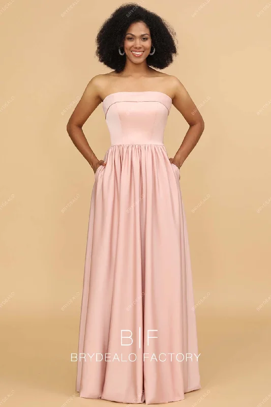 Pearl Pink Satin Strapless Modest Pockets Long Dress Tunics Favorite customer