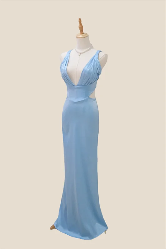 Plunge Neck Light Blue Cutout Sheath Long Dress Tunics Polka dots
